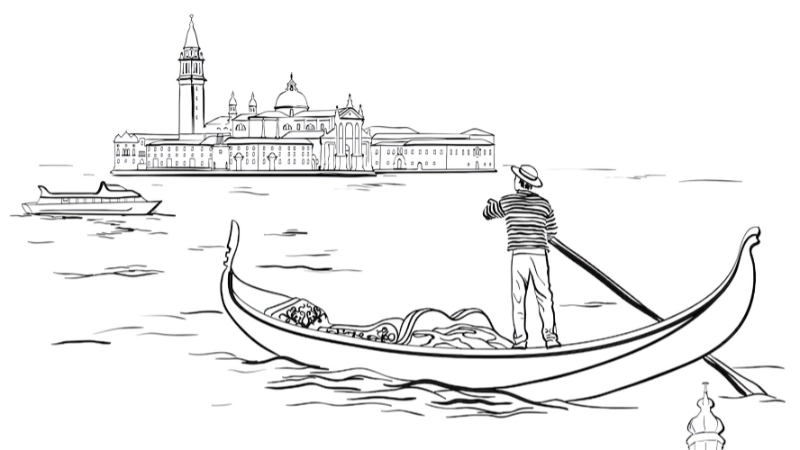 Bé vui học vẽ với tranh thuyền gondola trên kênh sinh động
