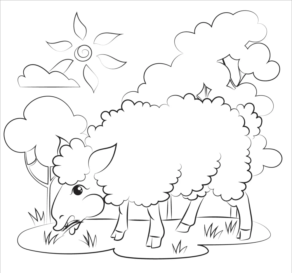 Tranh tô màu con cừu hạnh phúc cười tươi cute