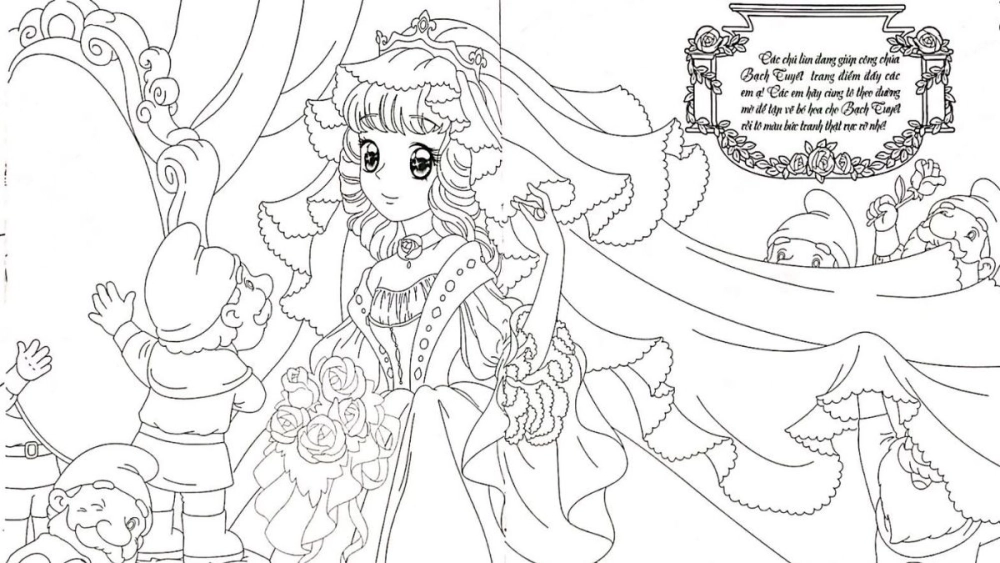 Tranh tô màu công chúa anime phong cách hiện đại nét vẽ sinh động dễ tô màu
