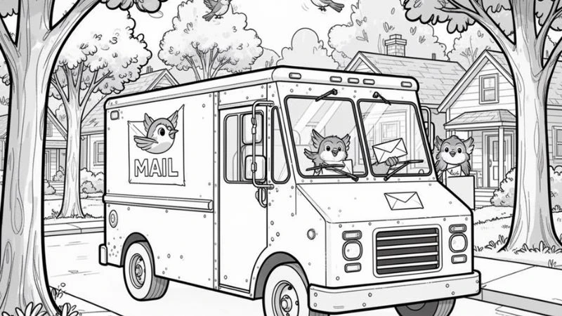 In ngay tranh tô màu xe chở thư bưu điện in ra cho bé tô tại nhà